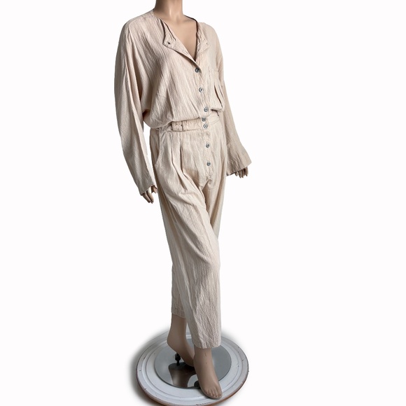 AC Gauze Jumpsuit Beige Cotton Crinkled Button Front Romper Size L Vintage 90s - Picture 4 of 8